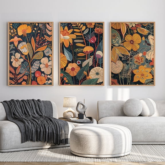 Burnt Orange Floral Framed Wall Art Large Mid Century Modern Flower Canvas Wall Prints Boho Botanical Wall Decor Multicolor Neutral Plant Painting Set of 3 for Living Room Bedroom Office 24x36 Inches