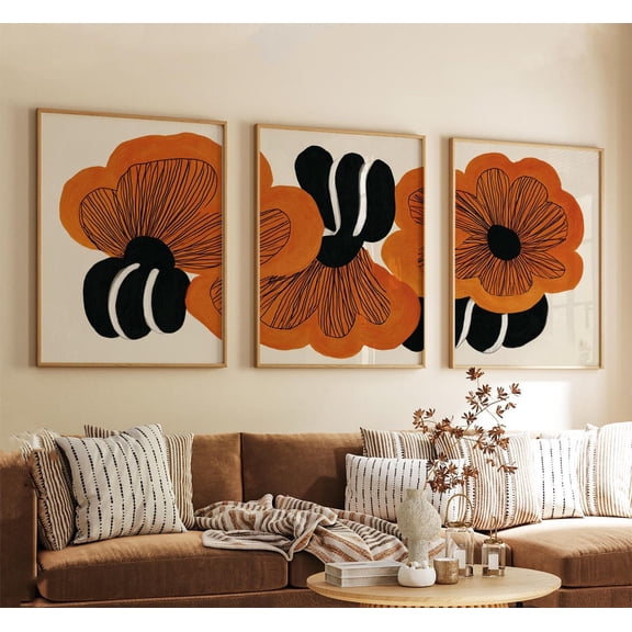 Burnt Orange Floral Hand Drawn Botanical Wall Art Set 3 Stretched Canvas 16x24