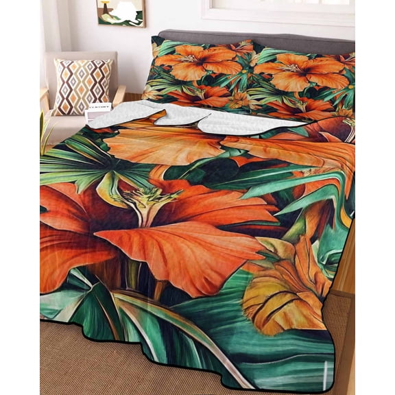 Burnt Orange Floral King Size Down Alternative Comforter, Lightweight Comforter Quilt Bedding Set with Pillow Shams Tropical Botanical Leaves Floral All Seasons Bed Comforter Duvet Insert 96"x106"