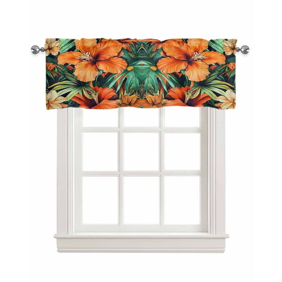 Burnt Orange Floral Kitchen Valances for Windows Farmhouse Linen Window Valance Curtain for Living Room Window Treatment Tropical Botanical Leaves Floral Valance Rod Pocket Topper Drape, 42 x 12 Inch