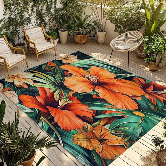 Burnt Orange Floral Outdoor Rug 3x5 Ft - Reversible Patio Rug Outdoor Camping Rugs, Tropical Botanical Leaves Floral Washable Indoor Outdoor Area Rugs, Non-Slip Outdoor Carpet Runner for Deck/Porch