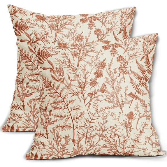 Burnt Orange Floral Pillow Covers 20x20 Set of 2 Botanical Print Vintage Fall Colored Flower Plant Cream Decorative Throw Pillow Cases Outdoor Farmhouse Cushion Covers Decor for Sofa Couch Bed