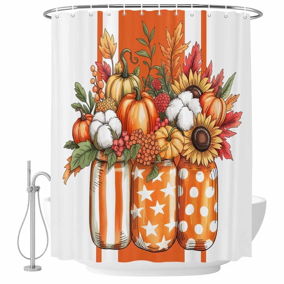 Burnt Orange Floral Shower Curtain, Waterproof Shower Curtains for Bathroom, Rustic Pumpkin Sunflower Botanical Striped Washable Fabric Bathtub Curtain Set Bath Decor with 12 Hooks Extra Long 72"x96"