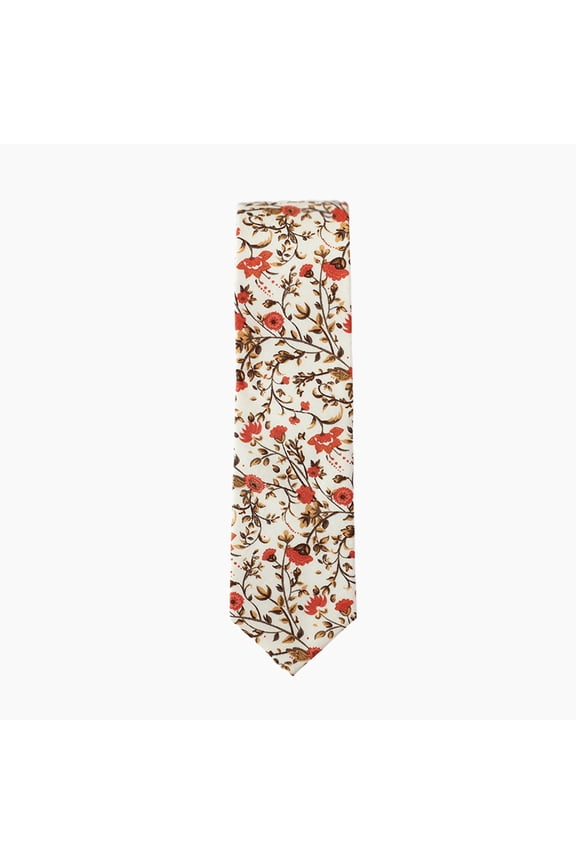 Burnt Orange Floral Skinny Necktie, Wedding Necktie, Groom Skinny Tie