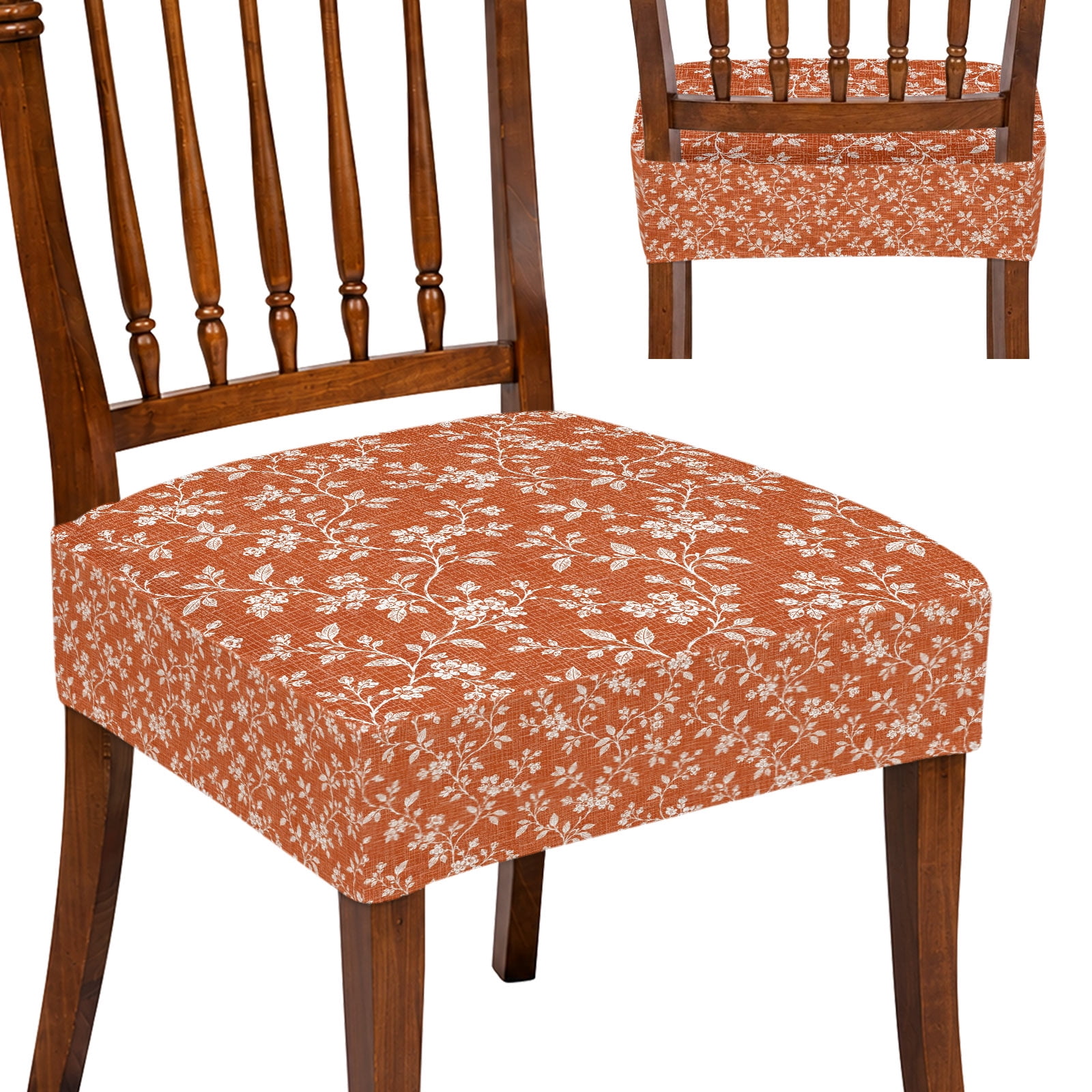 Protector 2073 Burnt Orange Floral Stretch Dining Chair Seat Covers Set of 2 ...