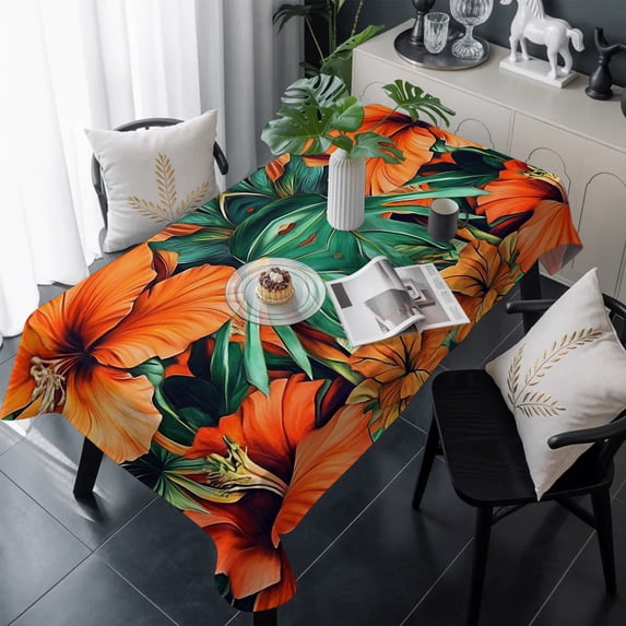 Burnt Orange Floral Table Cloth Waterproof Tablecloths, Tropical Botanical Leaves Floral Tablecloth Dining Table Cover for Kitchen Party Tabletop Outdoor, Rectangle Tablecloth 54x108 Inch