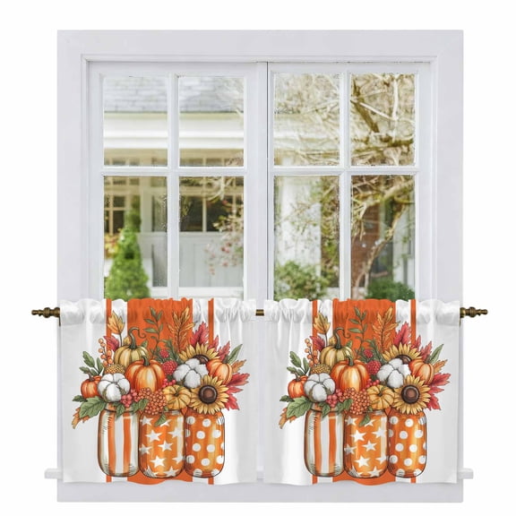 Burnt Orange Floral Tier Curtains, Rustic Pumpkin Sunflower Botanical Striped Light Filtering Kitchen Curtains, 2Pcs Rod Pocket Half Window Treatments Panels for Sink Cafe Cabinet Camper 27.5x24In