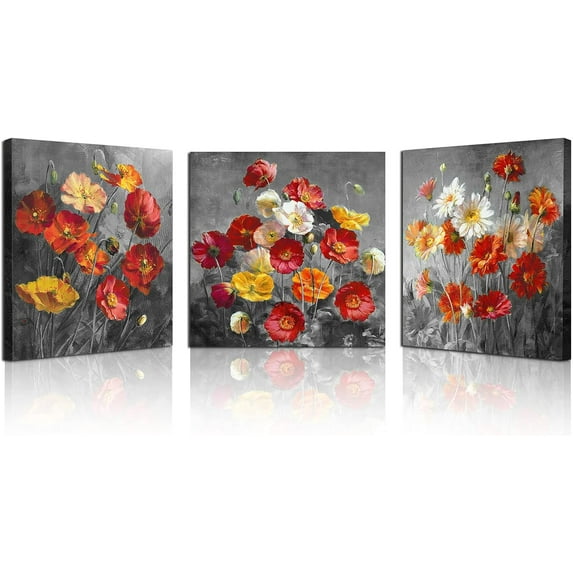 Burnt Orange Floral Wall Decor for Girl Bedroom Red Daisiy Poppy Wall Art Bathroom Flower Picture Still Life Painting Canvas Print Colorful Wildflower Poster Modern Artwork Home Decoration 16x16\ 3Pcs