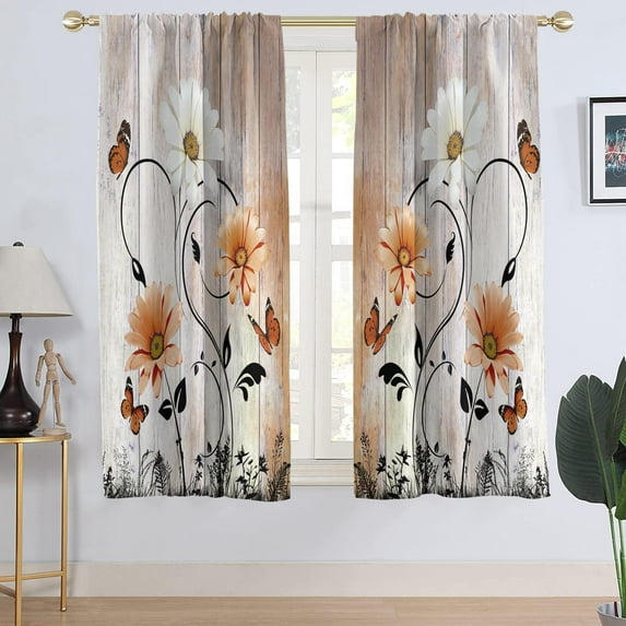 Burnt Orange Floral Window Curtain Rustic Flower White Daisy Country Butterfly Vintage Terracotta Bright Living Room Bedroom Window Drapes Treatment Fabric 1 Pair, 42" W x 63" L, Cottagecore