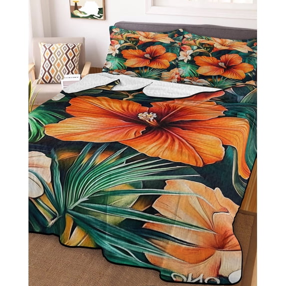 Burnt Orange Flower Twin XL Size Down Alternative Comforter, Lightweight Comforter Quilt Bedding Set with Pillow Shams Vintage Botanical Floral All Seasons Bed Comforter Duvet Insert 68"x98"