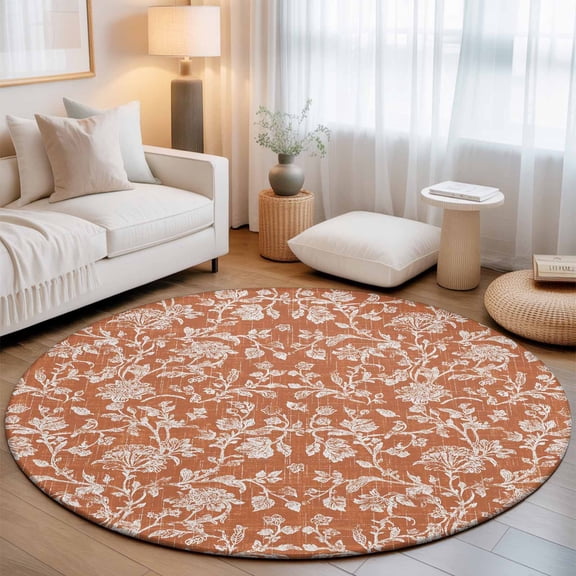 Burnt Orange Flower Washable Round Area Rug 4 ft, Pastoral White Plant Petal Leaf Rustic Linen Soft Non Slip Rugs Stain Repellent Indoor Felt Carpet for Living Dining Room Bedroom Home Office