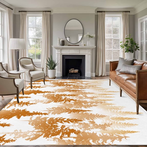 Burnt Orange Forest Large Area Rug 8x10 FT, Non Slip Living Room Throw Carpet, Contemporary Silhouette Abstract Art Washable Soft Indoor Outdoor Carpet Non-Shedding Rug for Bedroom Dining Room