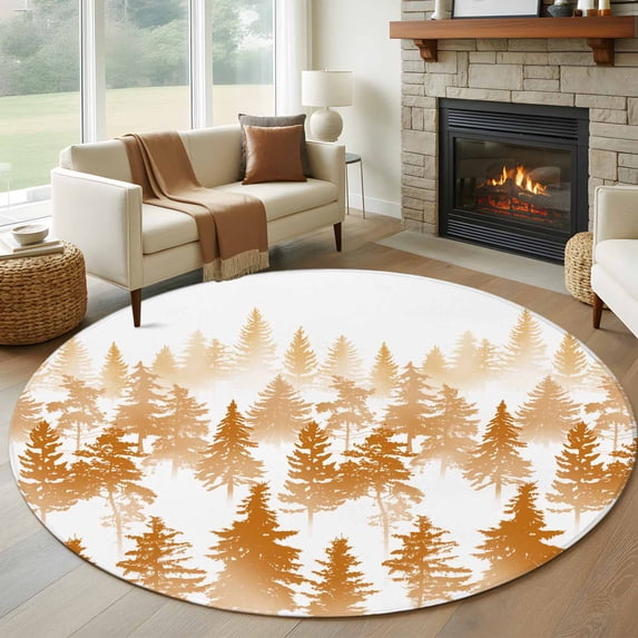 Burnt Orange Forest Large Round Rug 8 FT, Non Slip Living Room Area Carpet, Contemporary Silhouette Abstract Art Washable Soft Circle Rug Non-Shedding Floor Carpet for Bedroom Office Dining Room