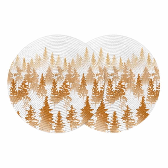 Burnt Orange Forest Round 15 Inch Placemats Set of 2, Contemporary Silhouette Abstract Art HeatResistant Non Slip Place Mats for Dining Table, Wipeable Braided Kitchen Table Mats for Housewarming