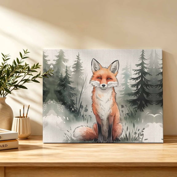Burnt Orange Fox Canvas Wall Art, Pine Trees Forest Watercolor Minimalist Wall Art Prints Artwork Framed Canvas Ready to Hang Art Pictures for Bathroom, Dressing Table, Entryway 12" x 8"