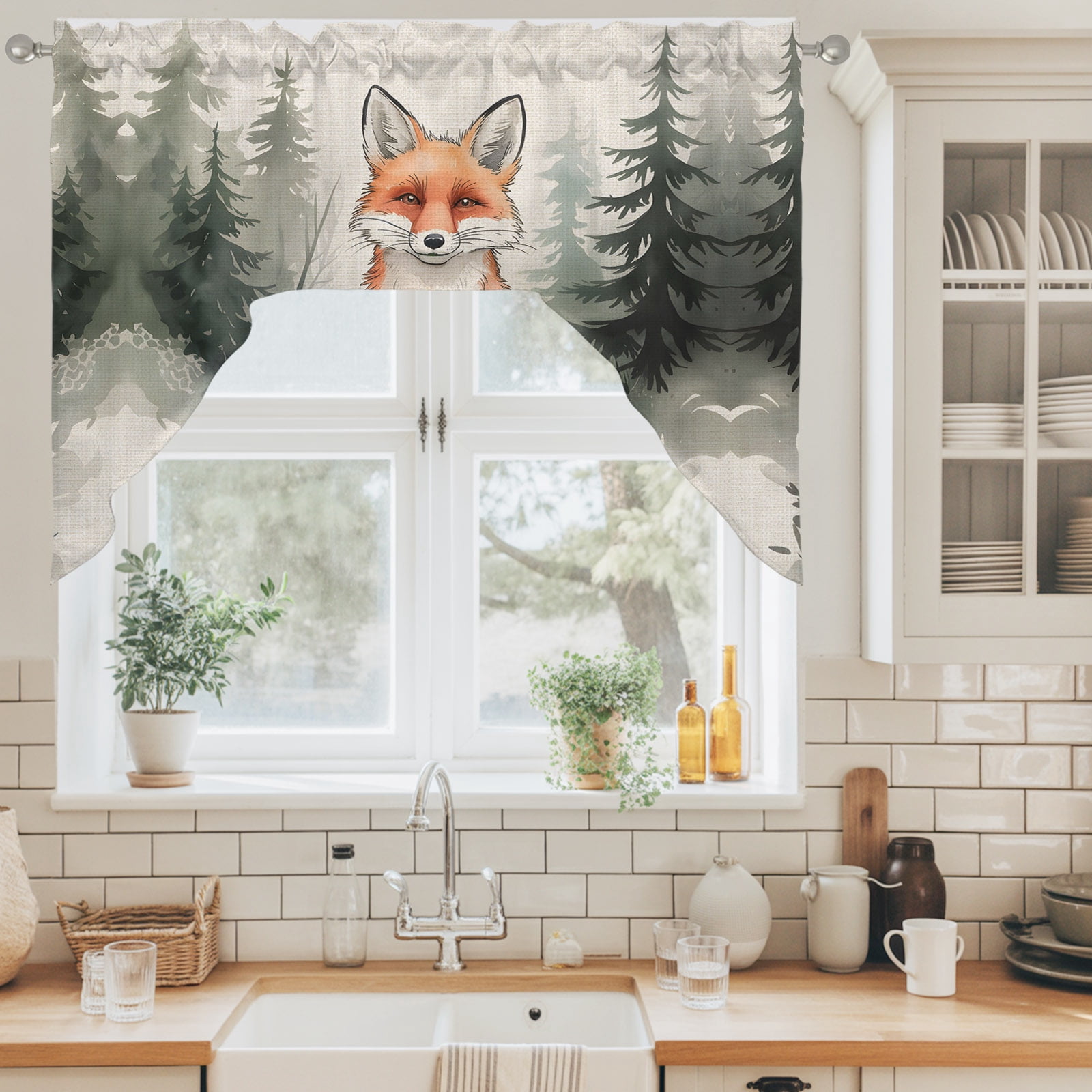 Burnt Orange Fox Swag Valance for Windows, Pine Trees Forest Watercolor ...