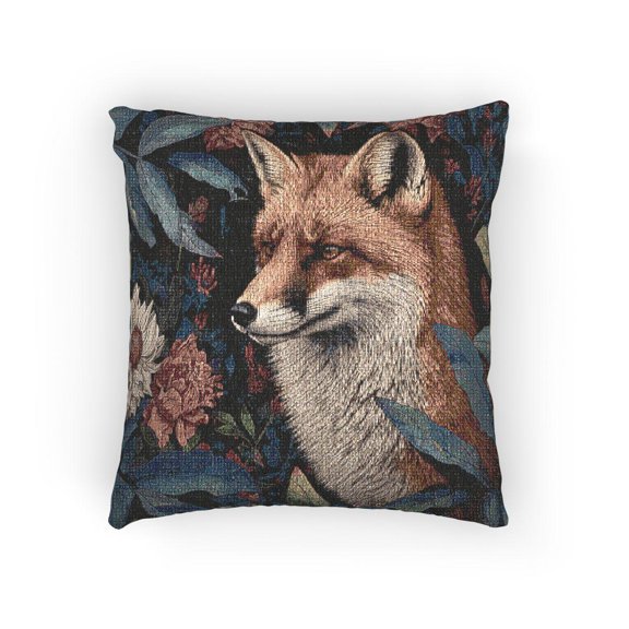 Burnt Orange Fox and Dark Botanical Florals Decorative Woven Pillow, Cotton-Polyester Shell, Woodland Style