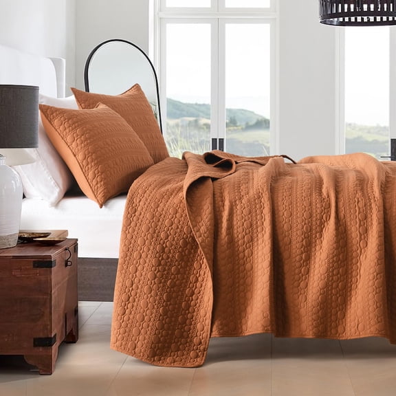 Burnt Orange Full/Queen Quilt Set Classic Geometric Spotted Pattern