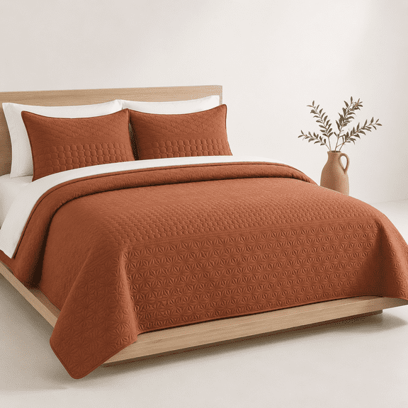 Burnt Orange Full/Queen Soft Microfiber Geometric All-Season Quilt Bedspread Set with Shams