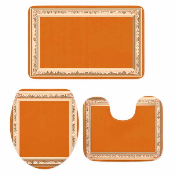 Burnt Orange Geometric Bath Mat 3 Piece Bathroom Rug Set, Country Greece Key Art Non Slip Bath Rug Contour Mat and Toilet Lid Cover, Absorbent Shower Mats Soft Bath Rugs and Mats Sets