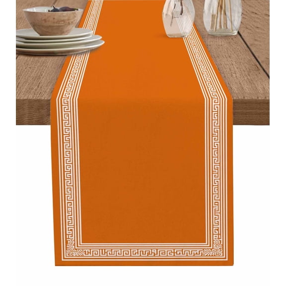 Burnt Orange Geometric Burlap Cotton Table Runner 13x90 Inches Long, Country Greece Key Art Farmhouse Table Runners, Outdoor Dining Tablecloths Decor for Baby Shower/Party/Wedding