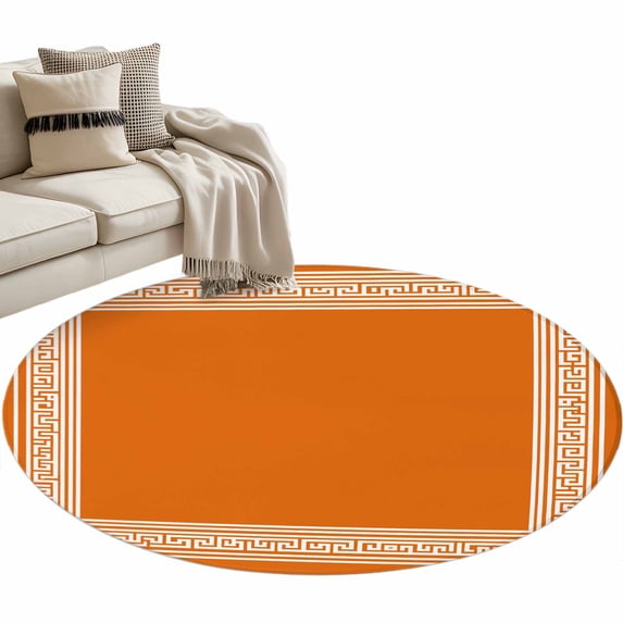 Burnt Orange Geometric Large Area Rugs for Bedroom Living Room, Soft Non Slip Carpet Bedside Rug, Country Greece Key Art Round Floor Cover Kitchen Accent Rug 3.3' for Dining Room/Office