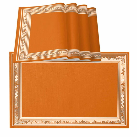 Burnt Orange Geometric Placemats for Dinning Table Set of 4, Country Greece Key Art Burlap Kitchen Place Mats Waterproof Cloth Table Mats, Indoor Outdoor Placemats Easy Clean Dinner Decor
