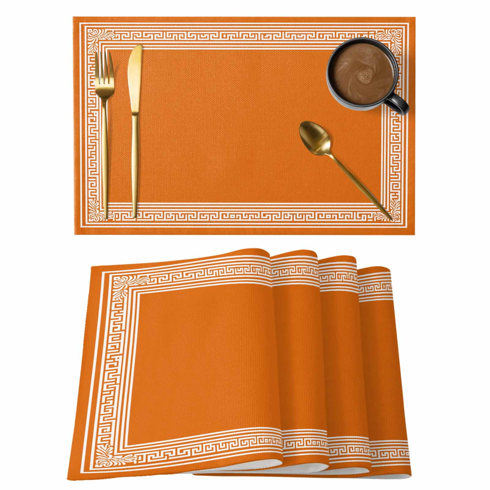 Burnt Orange Geometric Placemats Set of 12, Cotton Linen Fabric Place ...