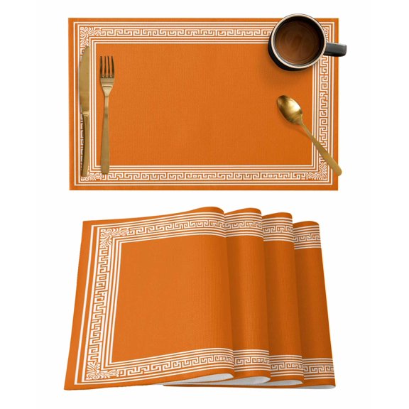 Burnt Orange Geometric Placemats Set of 4, White Greek Key Design Abstract Modern Art Placemats for Dining Table, Place Mats for Kitchen Tabletop, Waterproof Wipeable Dining Table Mats Set