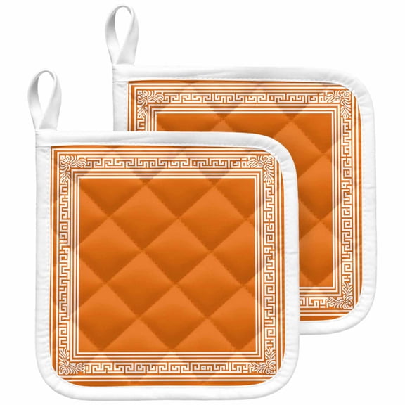 Burnt Orange Geometric Pot Holders for Kitchen Heatproof Potholder, 2 Pack Country Greece Key Art Hot Pads Multipurpose Oven Pads Cloth Potholders Trivet for Cooking and Baking