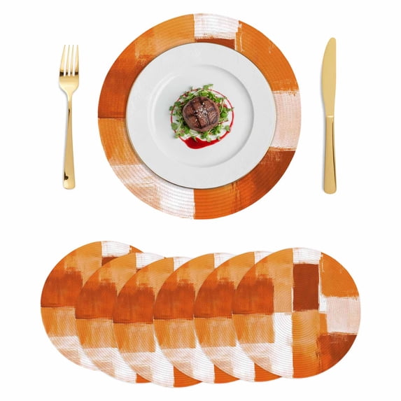 Burnt Orange Geometric Round 13 Inch Placemats Set of 6, Watercolor Ombre Modern Abstract Art HeatResistant Non Slip Place Mats for Dining Table, Wipeable Braided Kitchen Table Mats for Housewarming