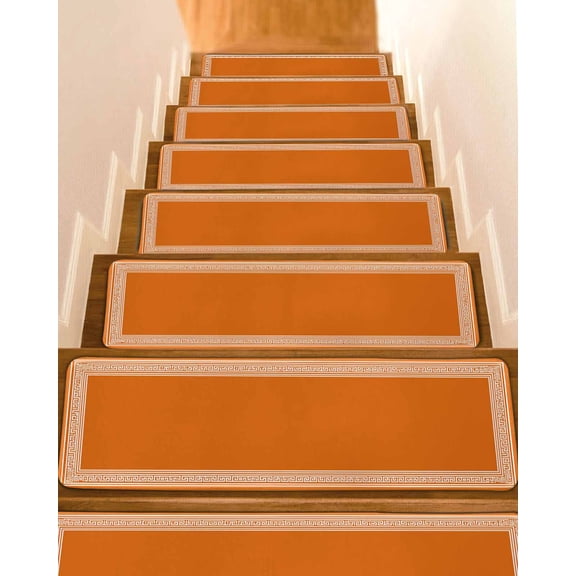 Burnt Orange Geometric Stair Treads for Wooden Steps Indoor Runner Rug Carpet, Country Greece Key Art 4 Pieces Peel and Stick Staircase Step Treads Covers Washable Throw Door Mats, 30"x8"
