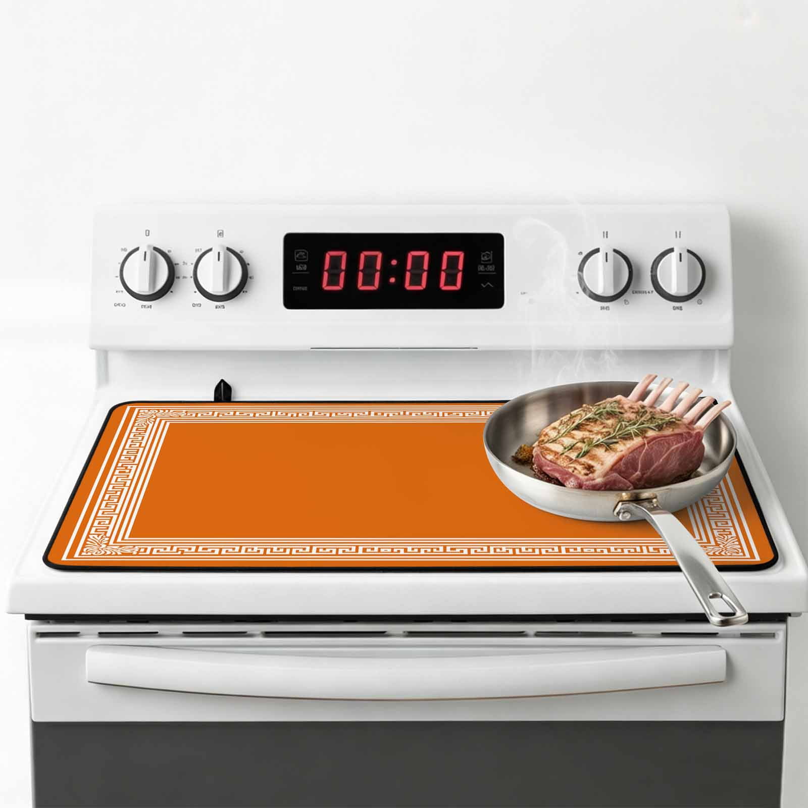 Burnt Orange Geometric Stove Top Cover for Electric Stove, Heat-proof & Non Slip Glass Top Stove Cover Protector, Country Greece Key Art Kitchen Flat Cooktop Rubber Mat 31x24 Inches