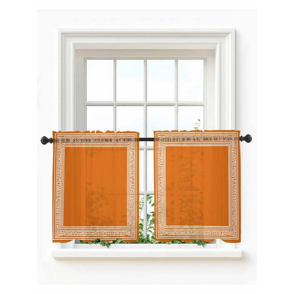 Burnt Orange Geometric Tier Curtains 24 Inch Length, Sheer Curtains for Bedroom Living Room Window, Country Greece Key Art Rod Pocket Voile Drapes Kitchen Curtains for Small Window 27.5"x24" 2 Panels