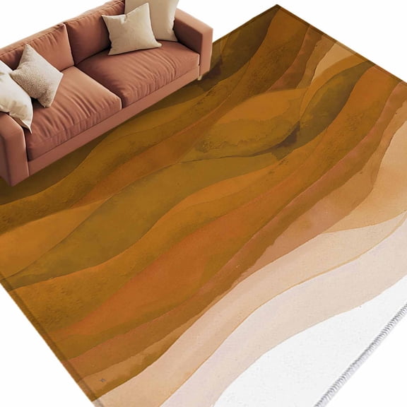 Burnt Orange Gradient Area Rug 5x7ft Abstract Ocean Wave Non-Slip Washable Square Rugs Soft Felt Indoor Floor Mat for Bedroom Kitchen Living Room Bathroom