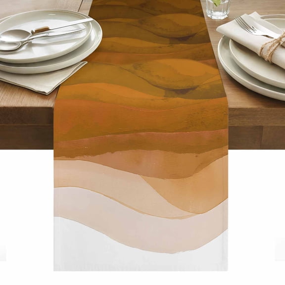 Burnt Orange Gradient Table Runner 13 x 36 Inch, Abstract Ocean Wave Washable Cotton Linen Dining Table Runner Tabletop Decorations for Restaurant Home Kitchen Party