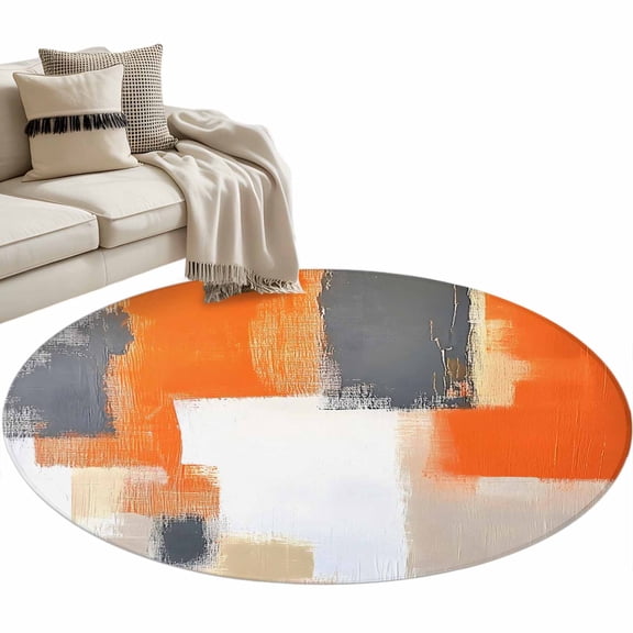 Burnt Orange Gray 3ft Area Rug, Modern Abstract Oil Painted Geometric Washable Non-Slip Small Round Rugs for Entryway Bedroom Kitchen, Soft Circle Carpet for Dining Room, Playroom Nursery Rug
