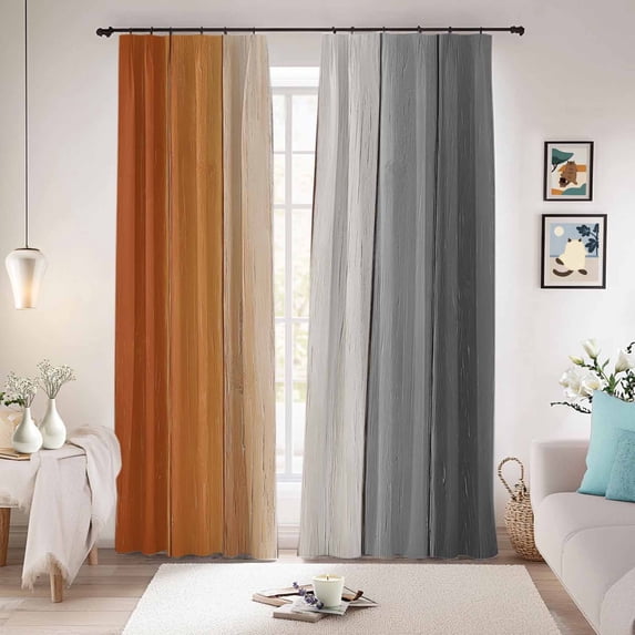 Burnt Orange Gray Ombre Blackout Curtains for Bedroom/Living Room, Pinch Pleated Black Out Curtains, Vintage Farmhouse Wooden Room Darkening Window Drapes with Hooks 2 Panels, 59"x70"