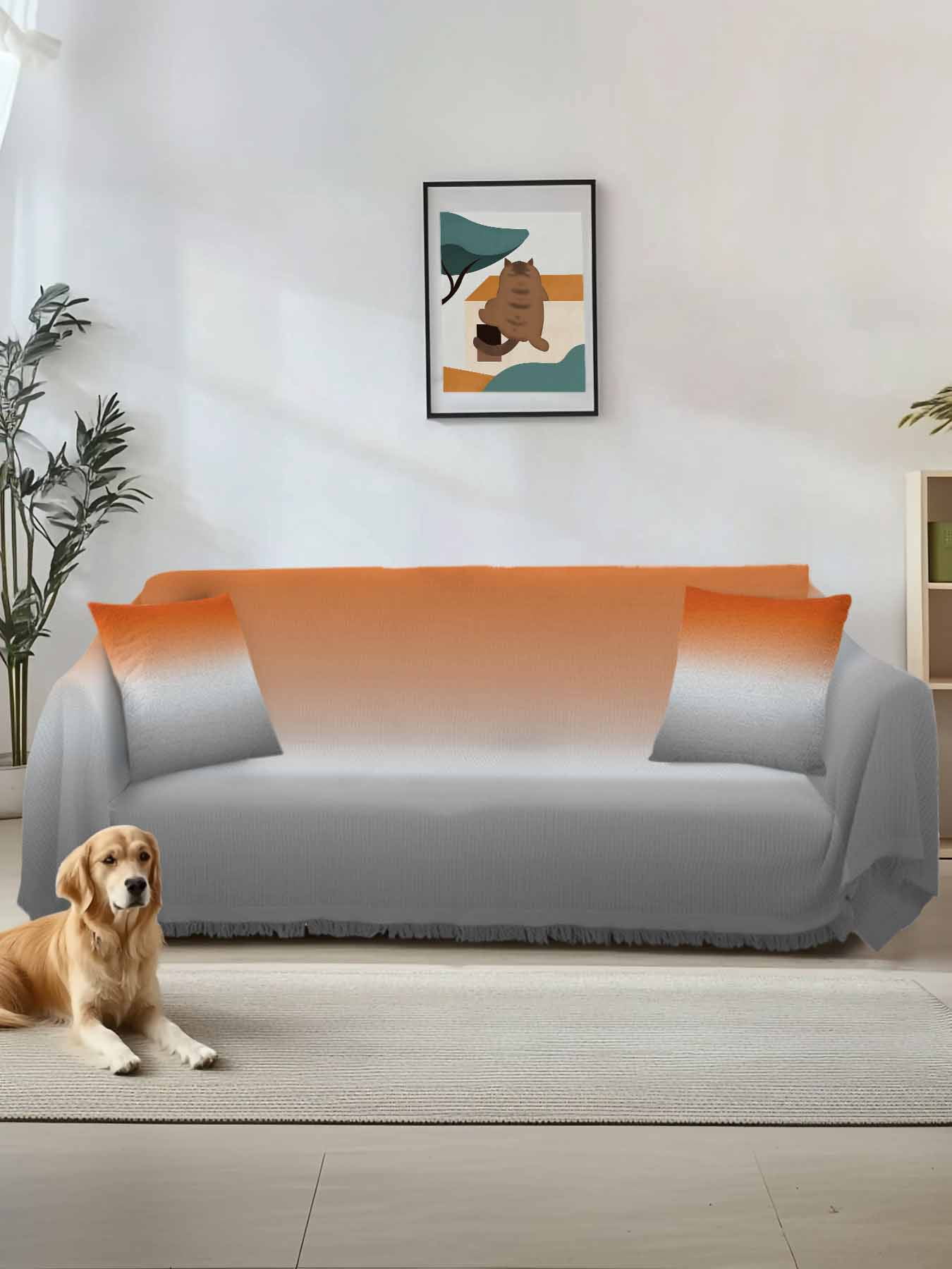 Burnt Orange Gray Ombre Couch Cover, Modern Gradient Abstract Art Oversized Sofa Cover Blanket for 3 Cushion Couch, Sectional Sofa Slipcover Furniture Protector for Living Room Bedroom 71''x150''