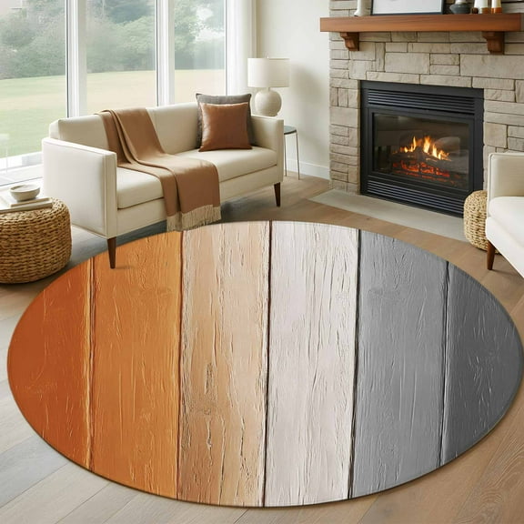 Burnt Orange Gray Ombre Round Area Rug 5 FT, Non Slip Bedroom Area Rug, Vintage Farmhouse Wooden Washable Soft Circular Carpet Non-Shedding Floor Mat for Kitchen Dining Room Foyer Balcony Dorm
