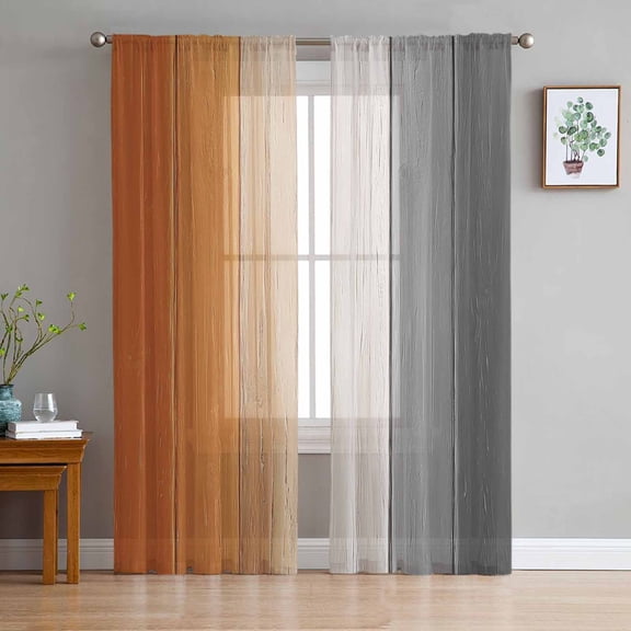 Burnt Orange Gray Ombre Semi Sheer Curtains 63 Inch Length 2 Panels Set, Vintage Farmhouse Wooden Sheer Kitchen Curtain Privacy Voile Window Curtain for Living Room Bedroom Rod Pocket Drapes