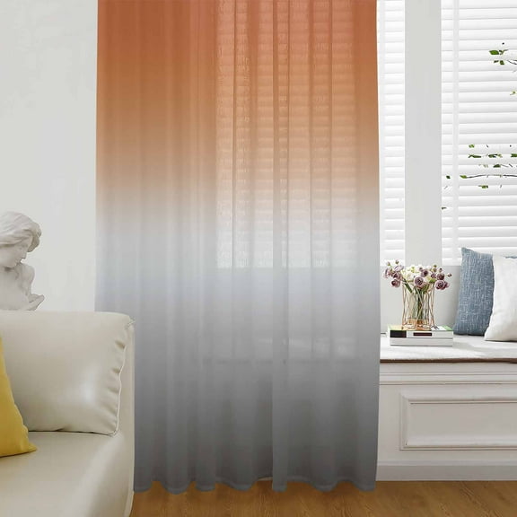 Burnt Orange Gray Ombre Semi Sheer Curtains Drapes for Living Room, Bedroom, French Doors Window 45 Inches Long, Modern Gradient Abstract Art Rod Pocket Chiffon Curtain Drapery Voile Draperies Panel