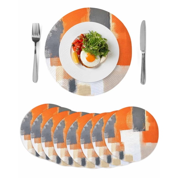 Burnt Orange Gray Round 13 Inch Placemats Set of 8, Modern Abstract Oil Painted Geometric HeatResistant Non Slip Place Mats for Dining Table, Wipeable Braided Kitchen Table Mats for Housewarming