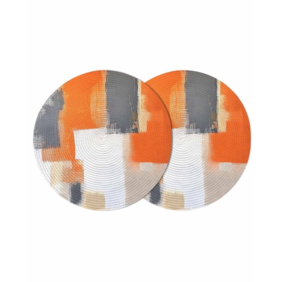 Burnt Orange Gray Round 15 Inch Placemats Set of 2, Modern Abstract Oil Painted Geometric HeatResistant Non Slip Place Mats for Dining Table, Wipeable Braided Kitchen Table Mats for Housewarming