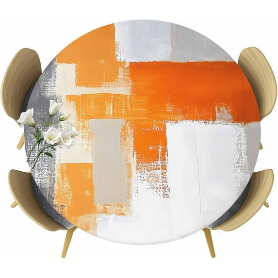 Burnt Orange Gray Round Tablecloth 36-44 Inch Round Fitted Table Cloth with Elastic Edge, Modern Abstract Geometric Oil Painted Waterproof Table Cover Protector for Outdoor Picnic Party Dining