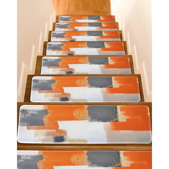 Burnt Orange Gray Stair Treads for Wooden Steps Indoor Runner Rug Carpet, Modern Abstract Oil Painted Geometric 4 Pieces Peel and Stick Staircase Step Treads Covers Washable Throw Door Mats, 30"x8"