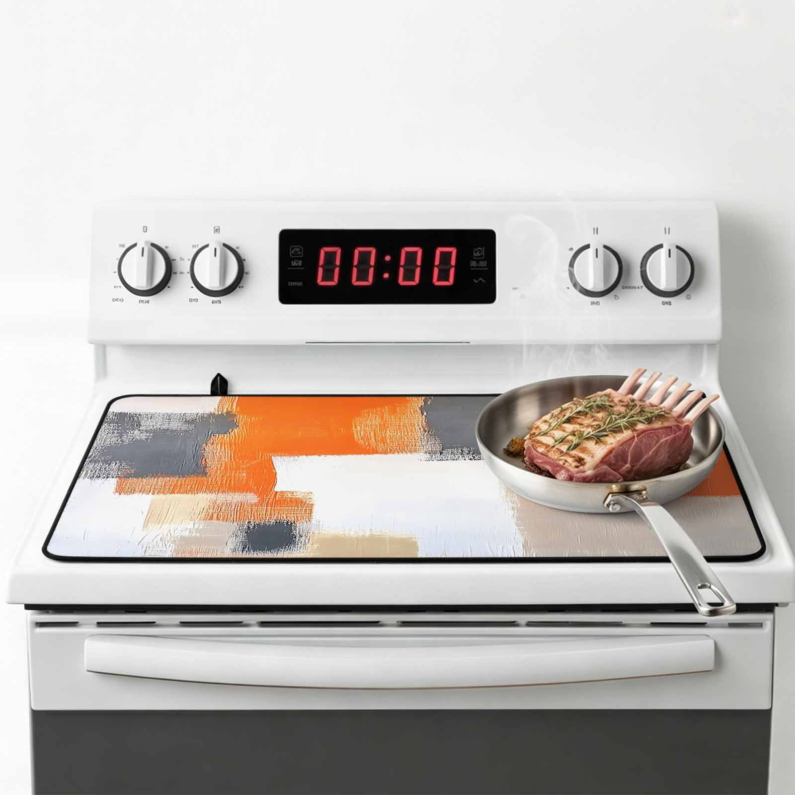 Burnt Orange Gray Stove Top Cover for Electric Stove, Heat-proof & Non Slip Glass Top Stove Cover Protector, Modern Abstract Oil Painted Geometric Kitchen Flat Cooktop Rubber Mat 24x21 Inches
