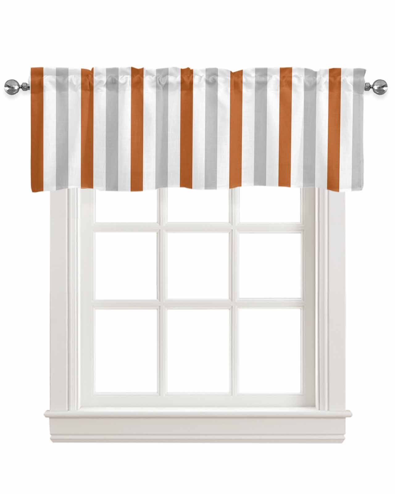 Burnt Orange Gray Striped Kitchen Valances for Windows Farmhouse Linen Window Valance Curtain for Living Room Window Treatment Farmhouse Stripe Art Valance Rod Pocket Topper Drape, 54 x 18 Inch