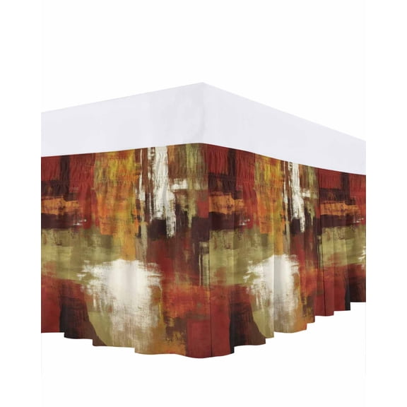 Burnt Orange Green Bed Skirt King Size 16 Inch Drop, Thanksgiving Abstract Texture Modern Wrap Around Dust Ruffle Bedskirts, Wrinkle & Fade Resistant Easy Fit Bedskirt with Adjustable Elastic