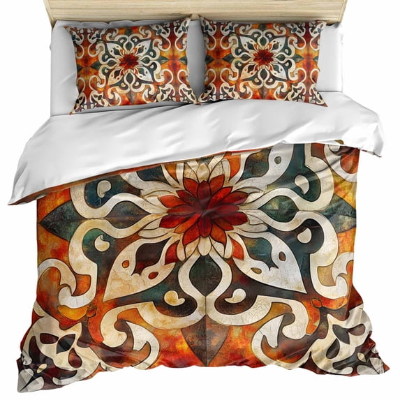 Burnt Orange Green Bedding 3 Piece Duvet Cover Set Full Size, Vintage Abstract Flowers Soft Microfiber Comforter Cover with Zipper Closure & Pillowcases, Wrinkle & FadeResistant Quilt Cover